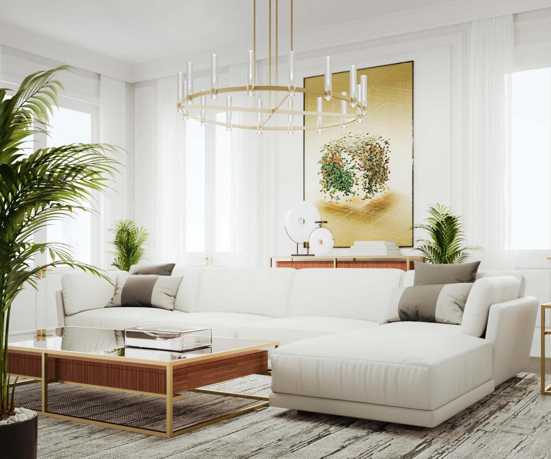 Elegant living space with large chandelier.