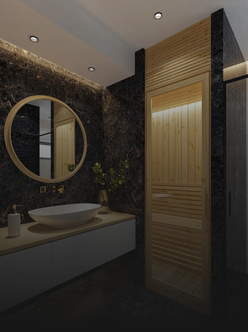 Elegant bathroom design with dark stone walls.
